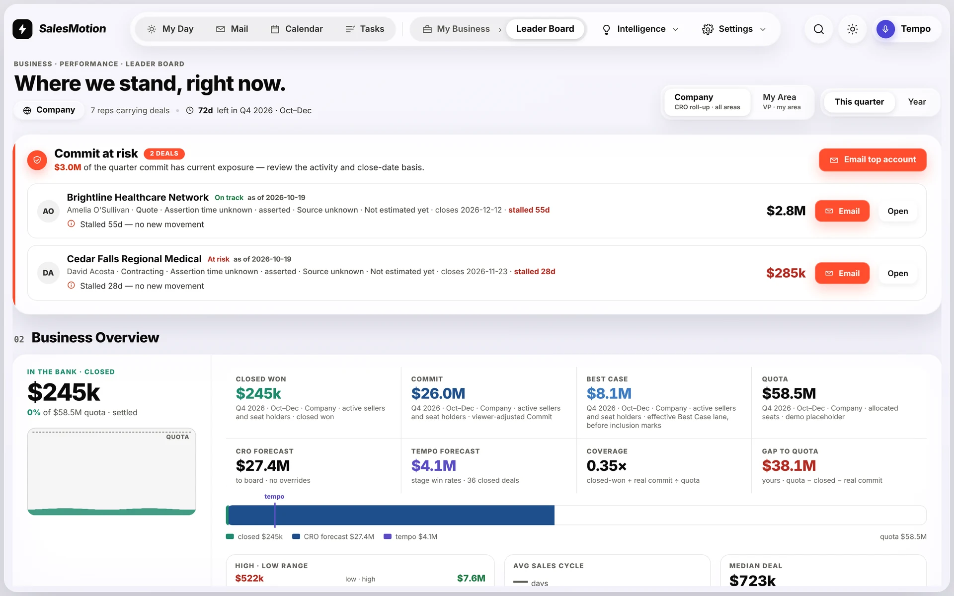 SalesMotion leader board showing team commit at risk, coverage and deals needing attention