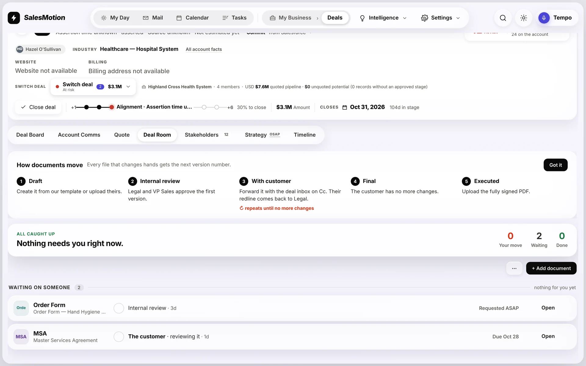 SalesMotion Deal Room listing proposals, contracts and order forms by status