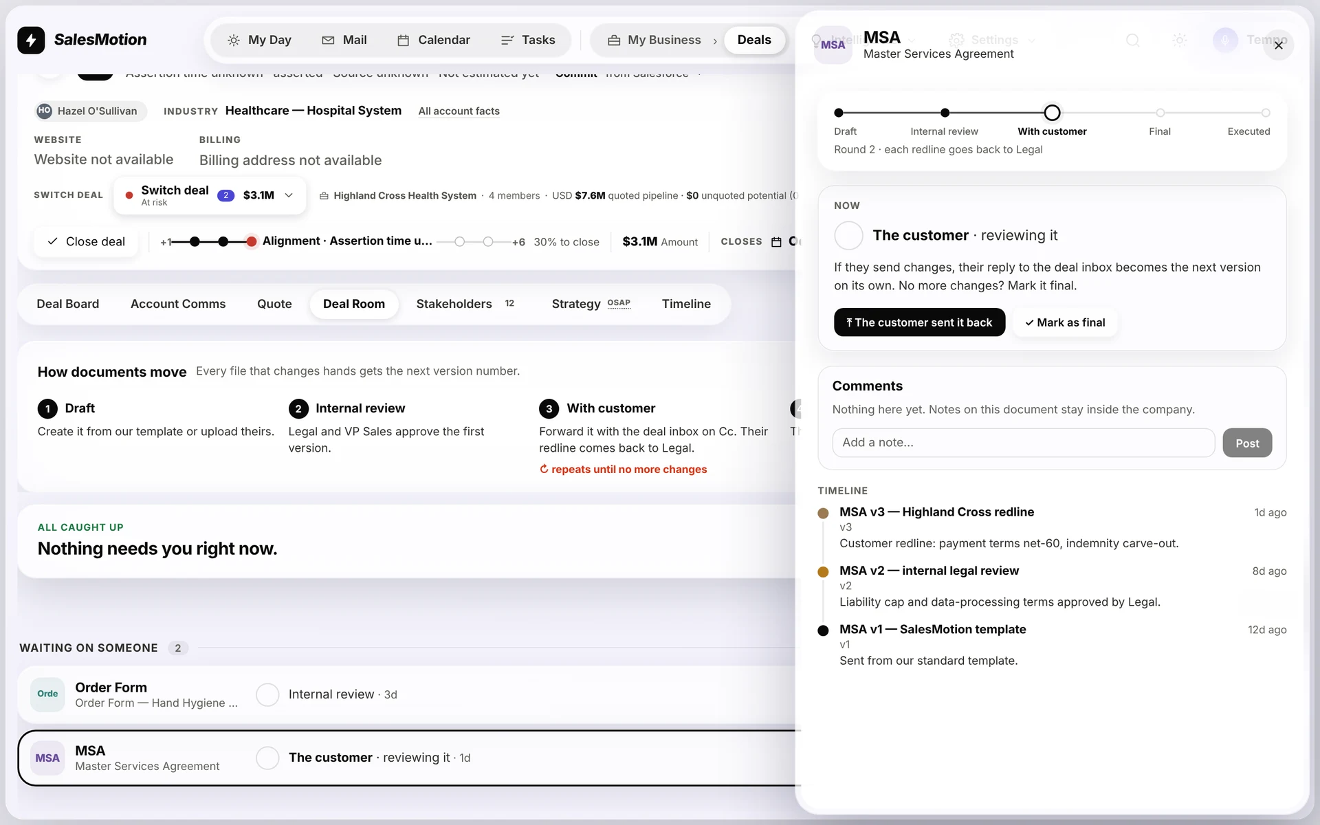 SalesMotion Deal Room document view with tracked versions and customer redlines