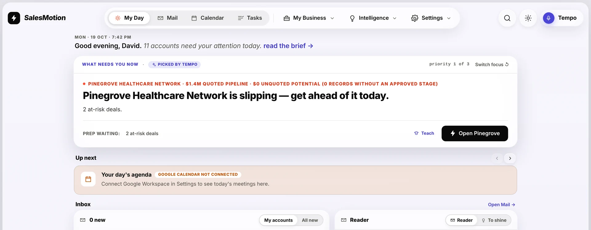 SalesMotion My Day view showing meeting preparation, a prioritized inbox and recommended next actions