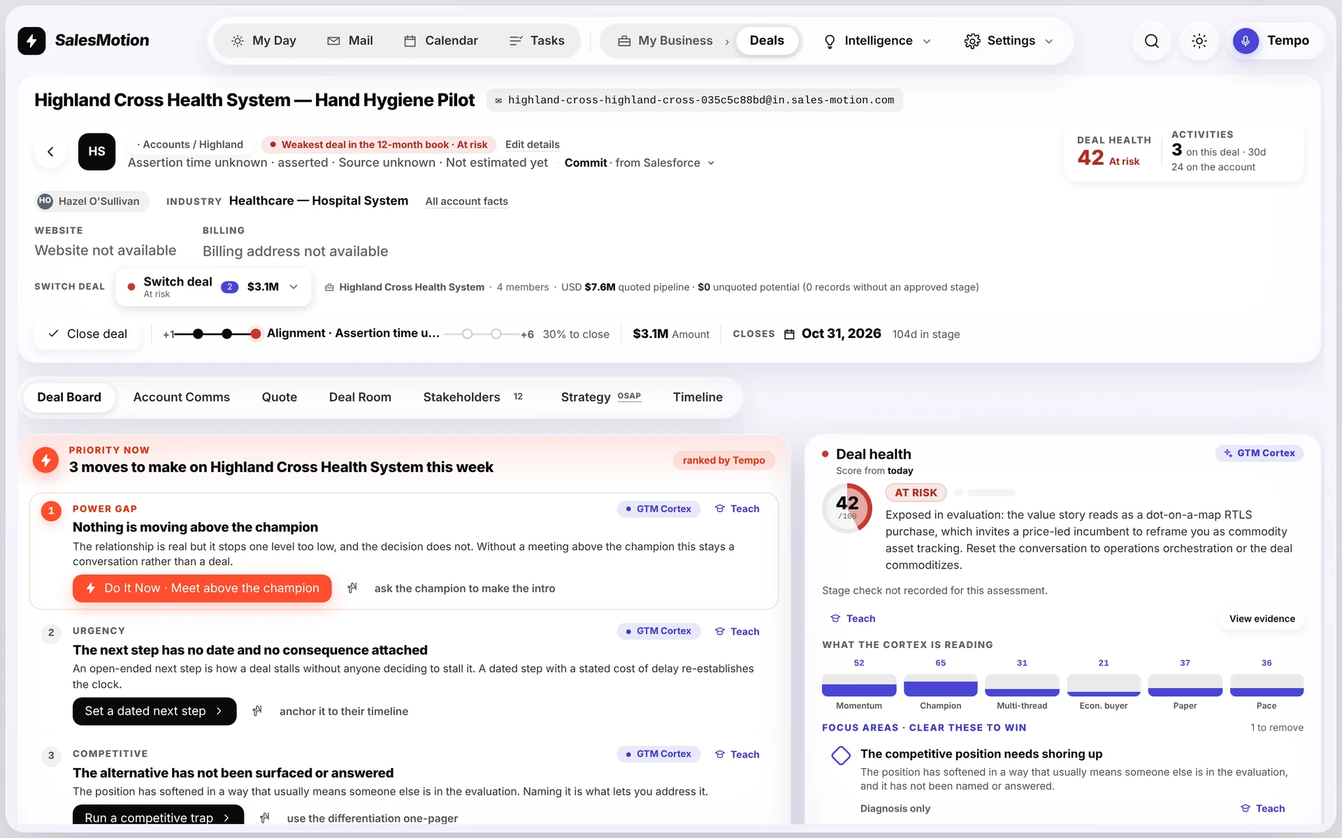 SalesMotion account and deal health view with a health score, its reasoning and recommended moves