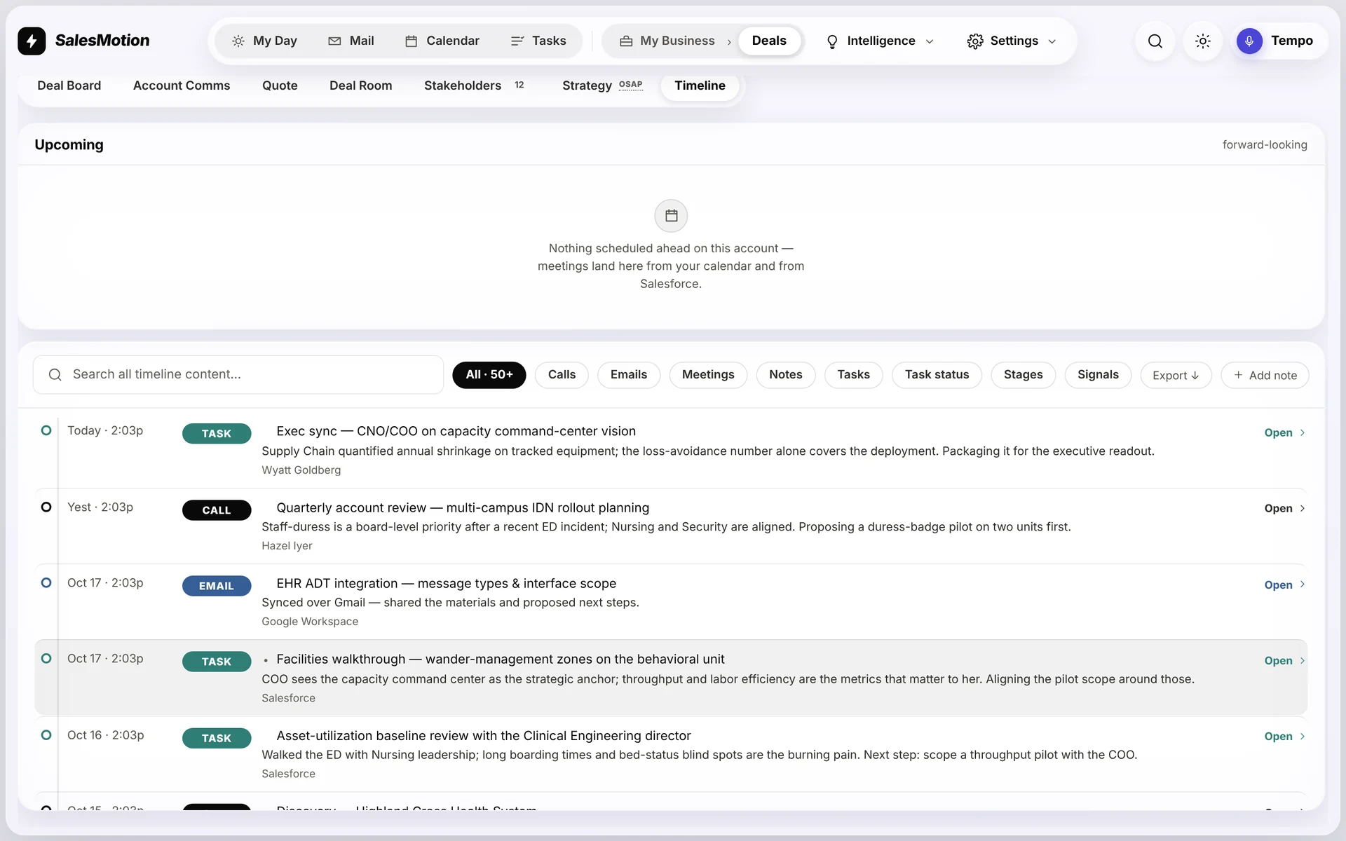 SalesMotion account timeline of calls, emails, meetings, tasks and stage changes