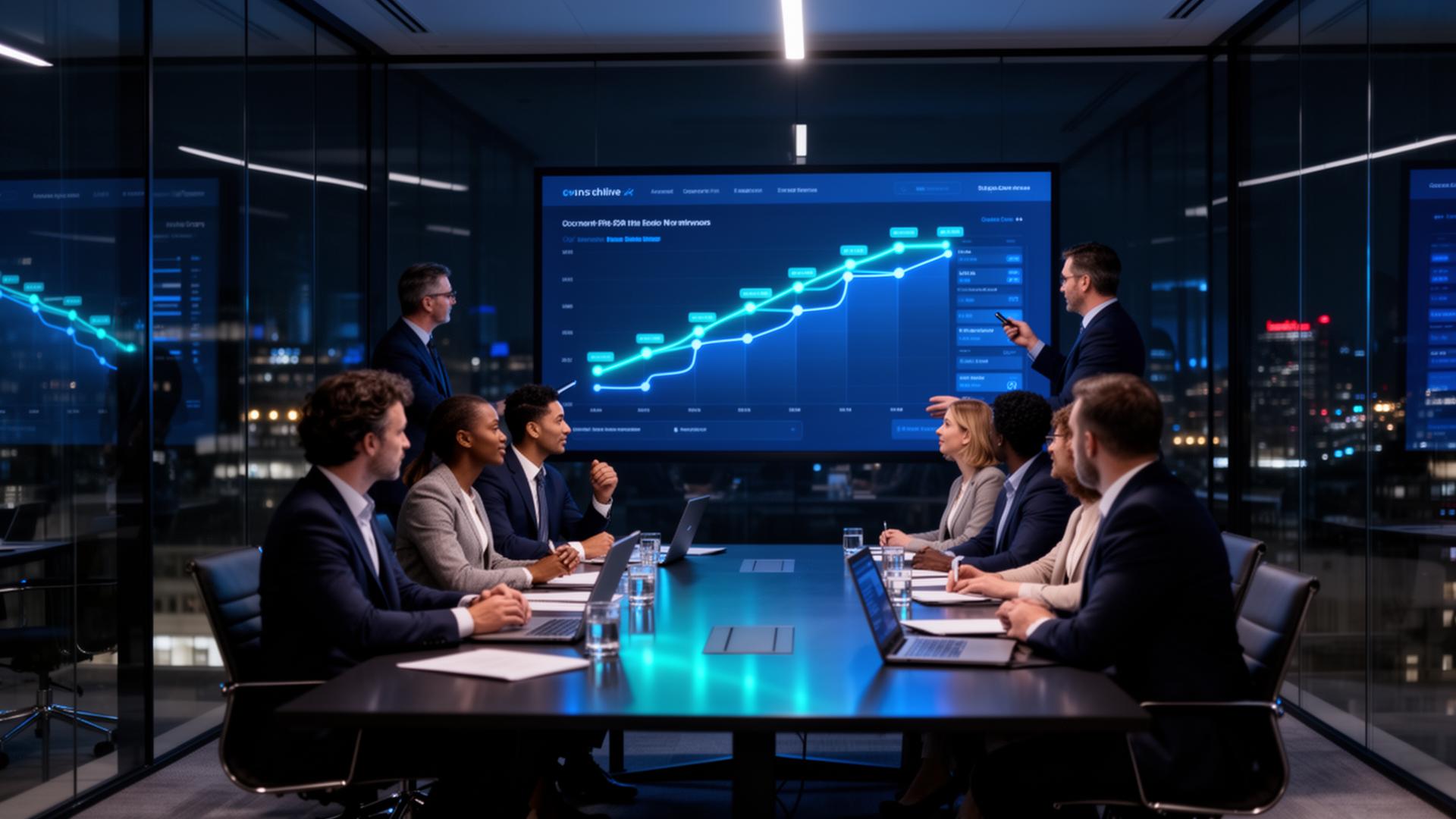 Revenue team reviewing sales momentum in a modern midnight-blue meeting room